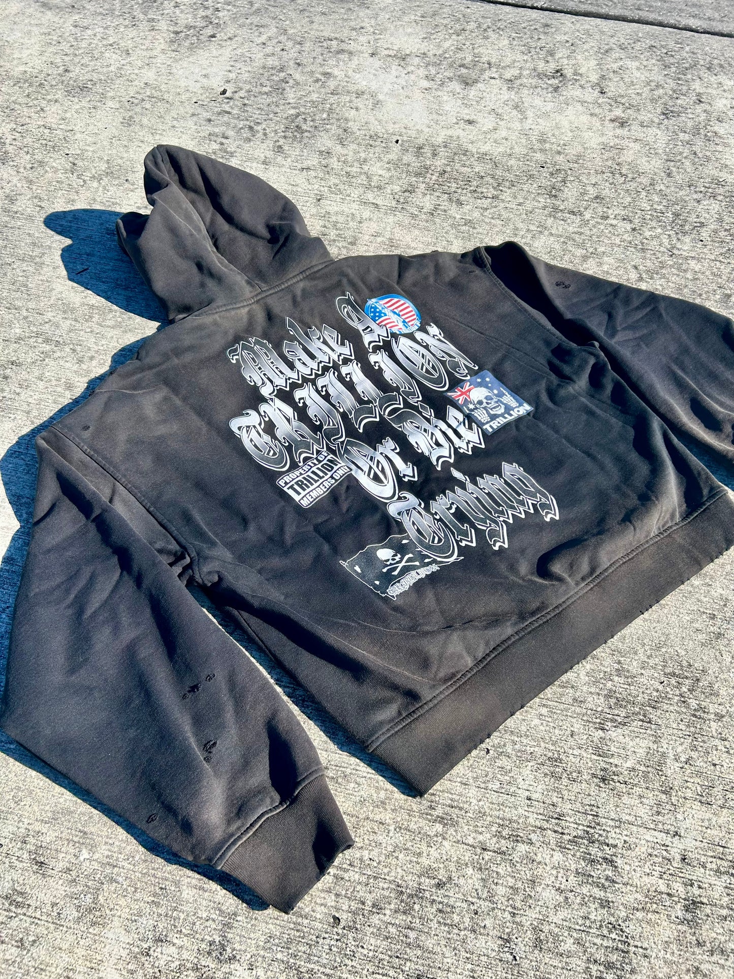 TRILLION “MEMBERS” Distressed Zip Up Hoodie