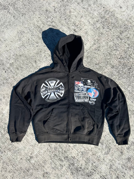 TRILLION “MEMBERS” Distressed Zip Up Hoodie