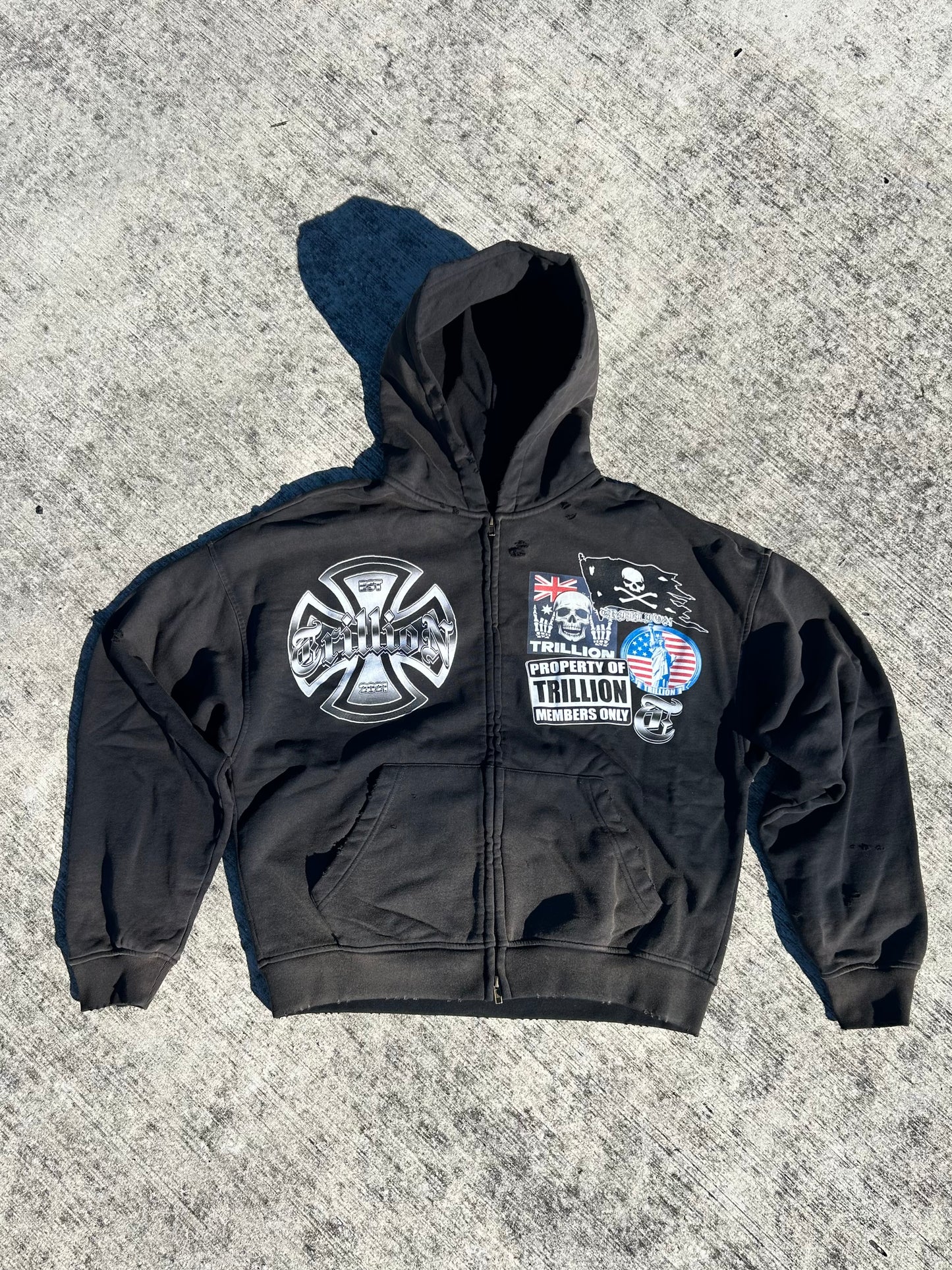TRILLION “MEMBERS” Distressed Zip Up Hoodie